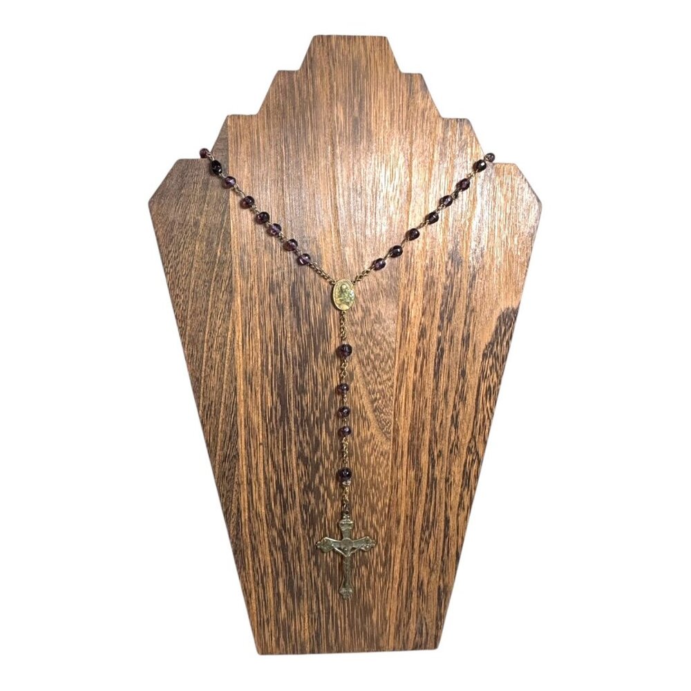 Vintage Catholic Rosary Amethyst Purple Glass Beads St Charles Prayer Necklace
